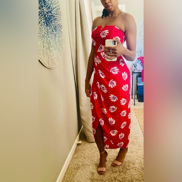 Express Faux Wrap Floral Print Strapless Midi Sexy Date Night Beach Vibes Dress - Picture 2 of 8